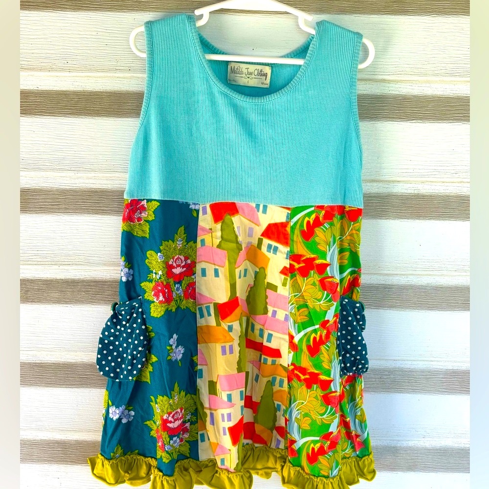 Matilda Jane  blue / green floral tank   dress  with ruffles size 6.